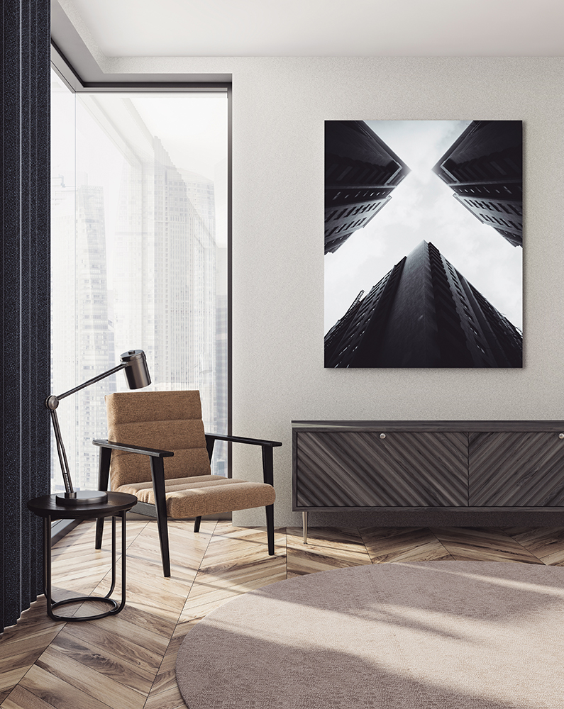 Gray living room interior, armchair and poster Ảnh thi công giấy dán tường TWP1249